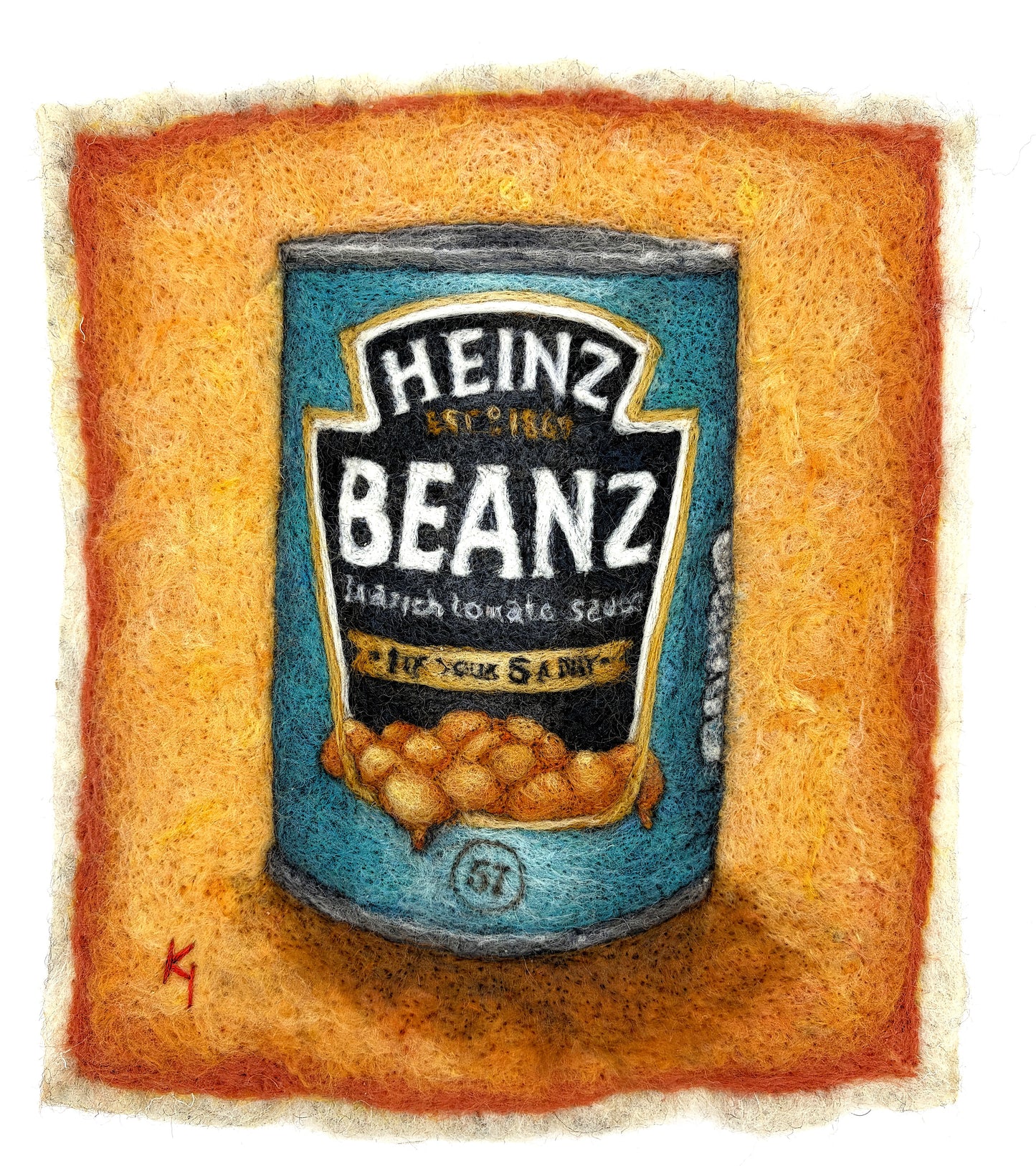 Needle felted framed picture of a tin of Heinz Baked Beans