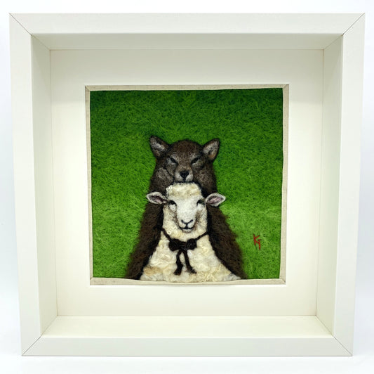 a needle felted portrait of a sheep in a wolf costume with a green background