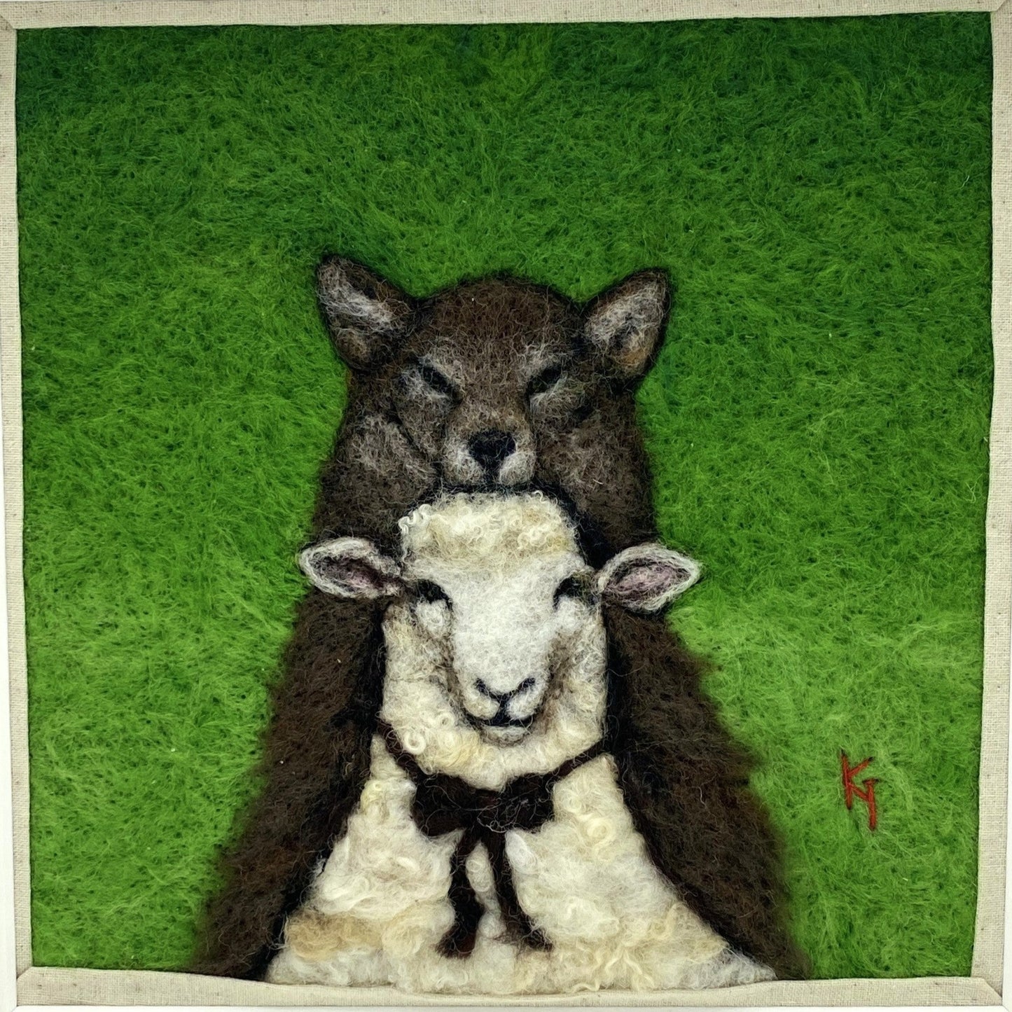 a needle felted portrait of a sheep in a wolf costume with a green background