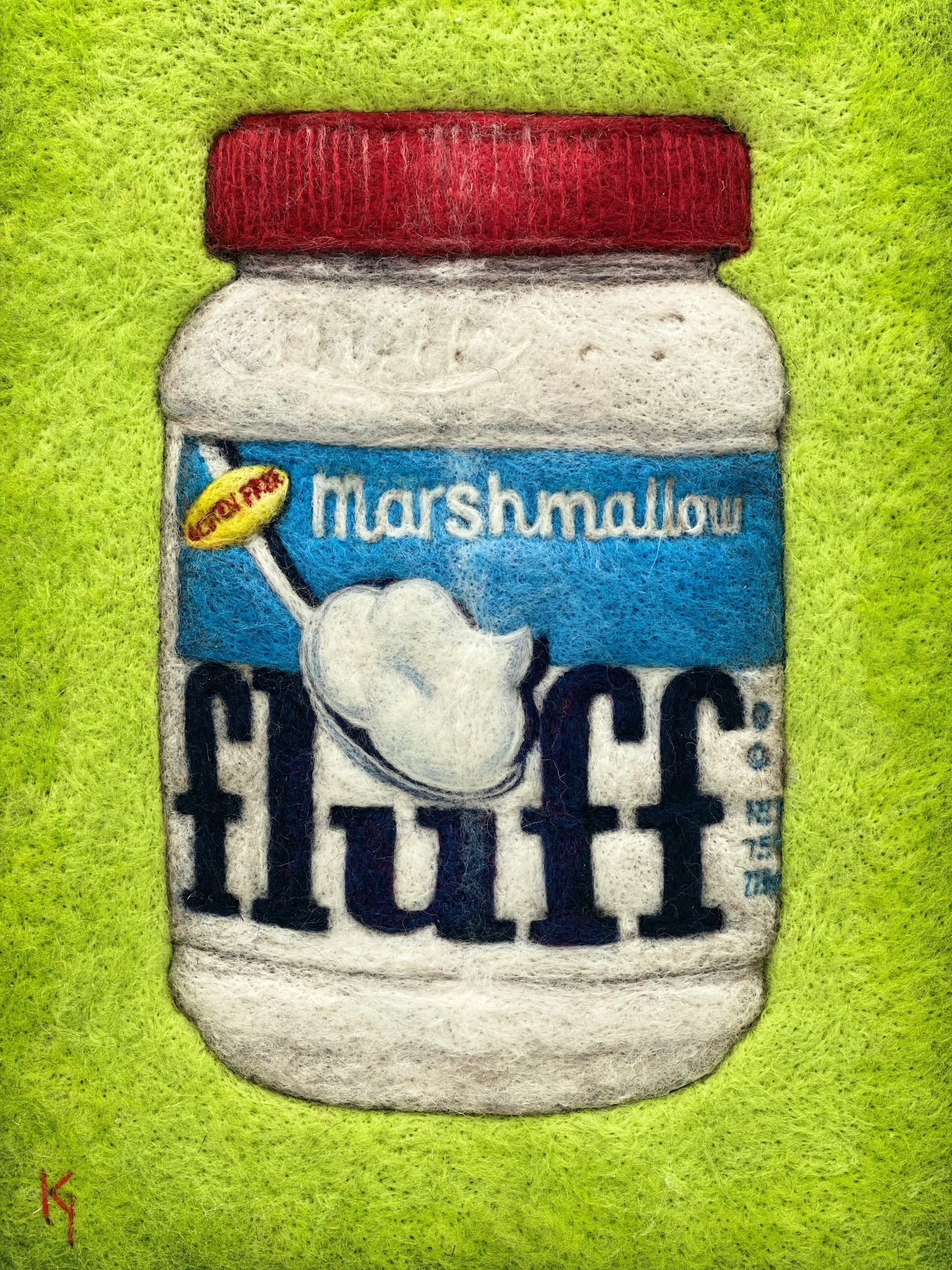 needle felted picture of a jar of Fluff on a bright green background