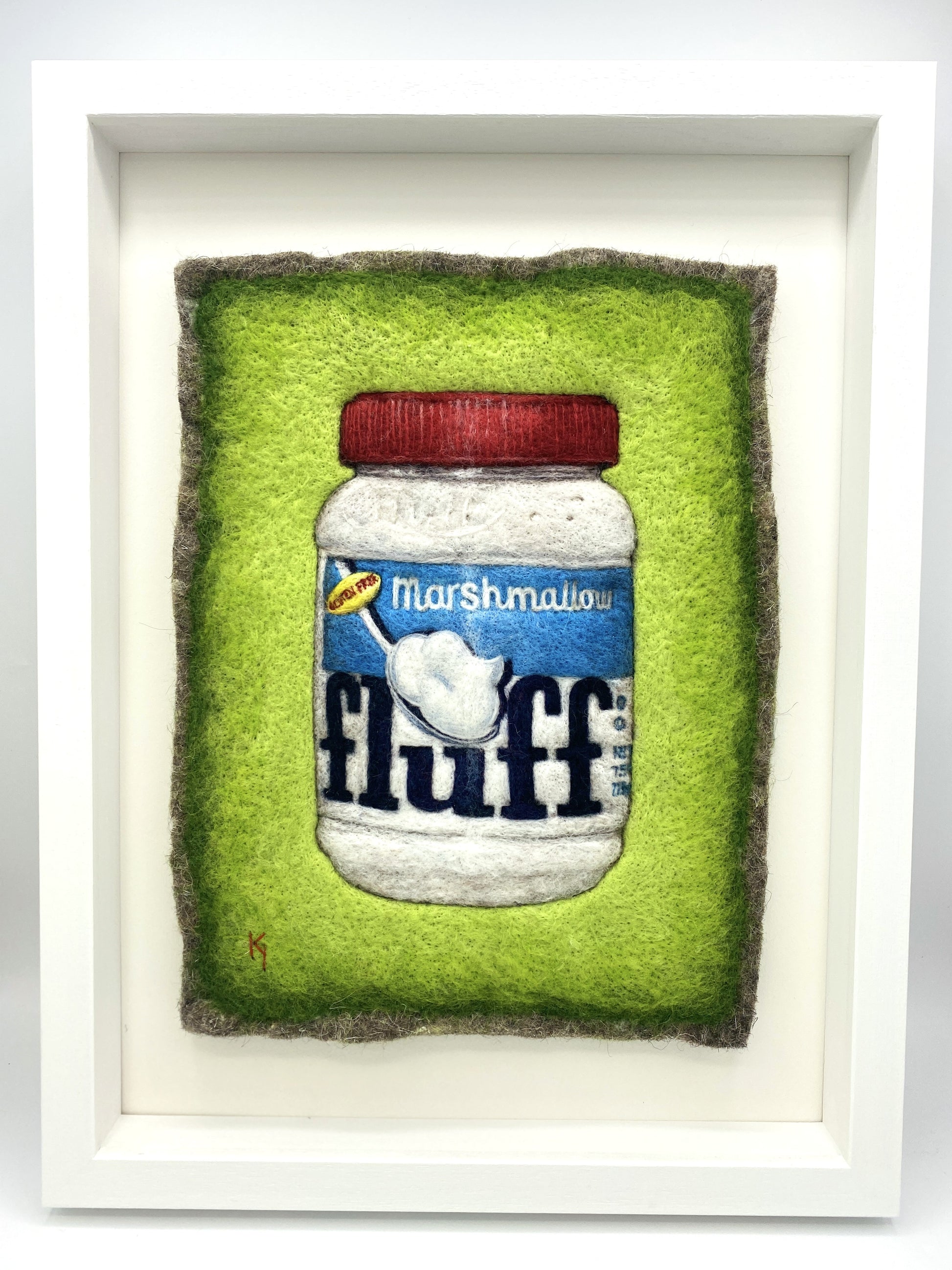 needle felted picture of a jar of Fluff on a bright green background