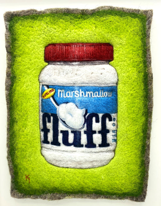 needle felted picture of a jar of Fluff on a bright green background