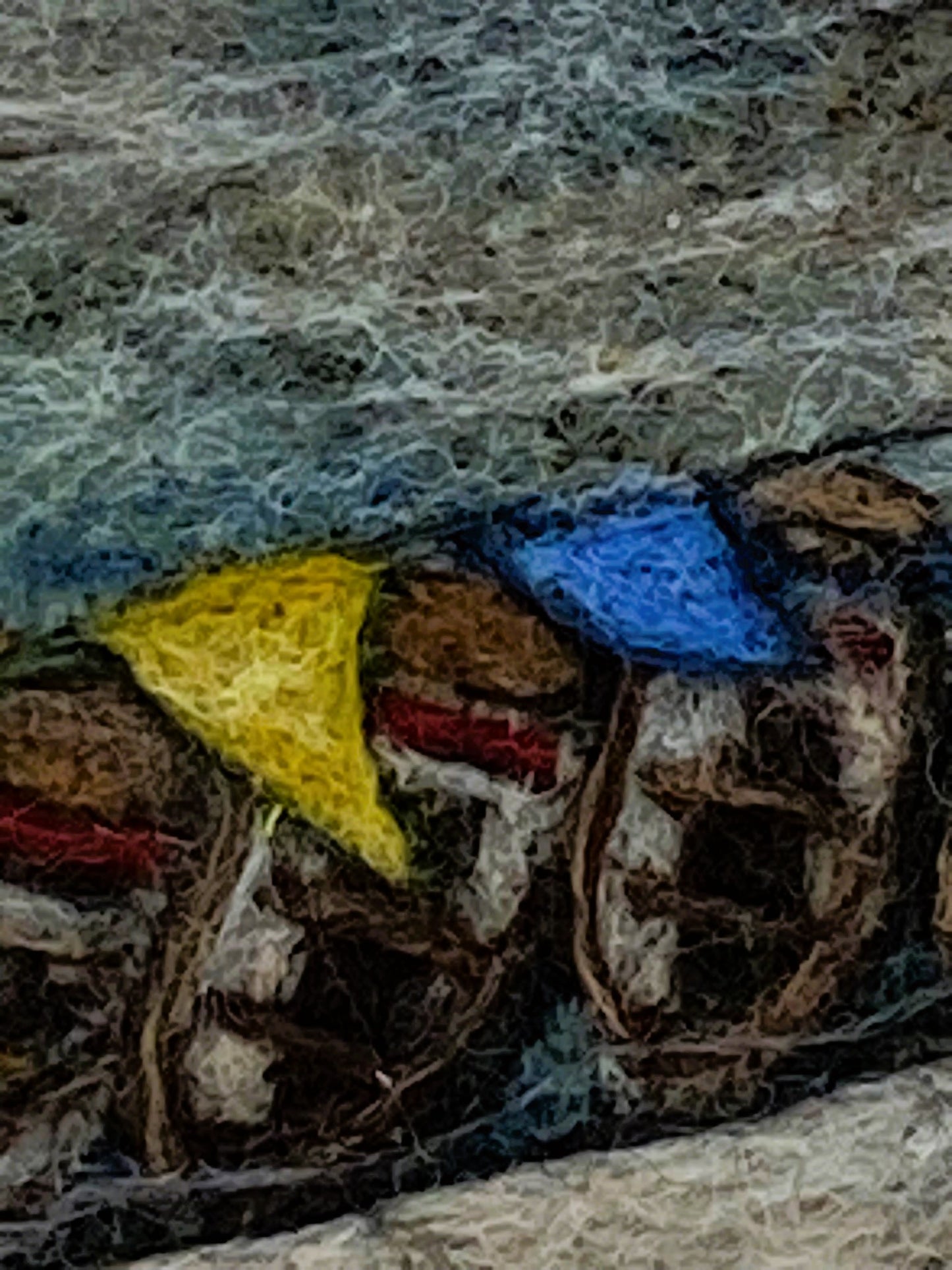a box-framed, needle felted wool fibre picture of Ricmond Bridge showing the boats moared on the river, the bridge, trees, lamp posts and colourful bunting