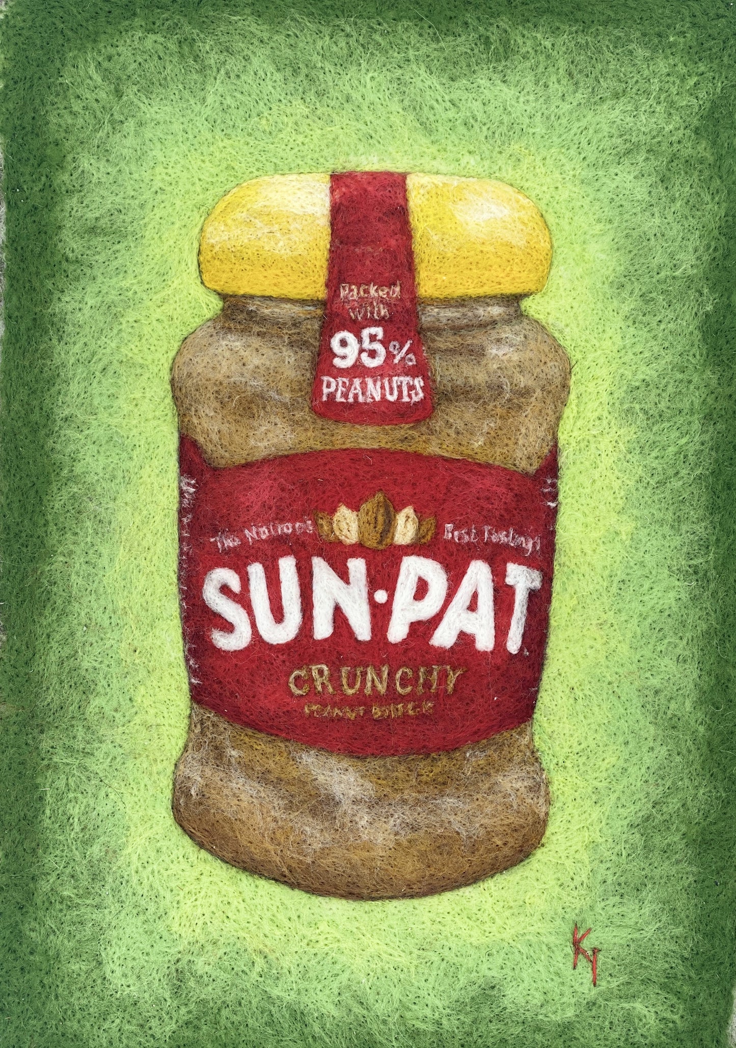 giclee print of a needlefelted picture of a jar of Sun-Pat peanut butter, with a green background