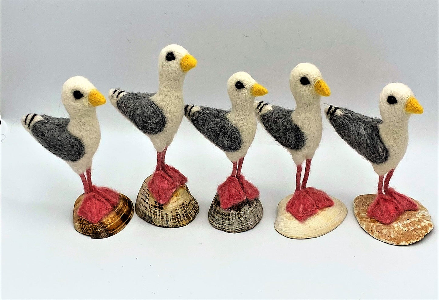 group of five needle felted seagulls standing on sea shells, white, black, grey wings, pink legs and feet