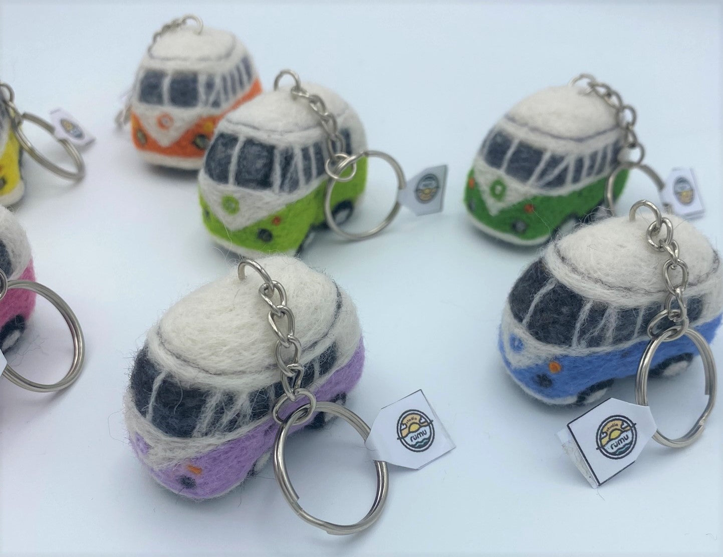 Miniature VW style camper van on key ring chain, needle felted model, various colours