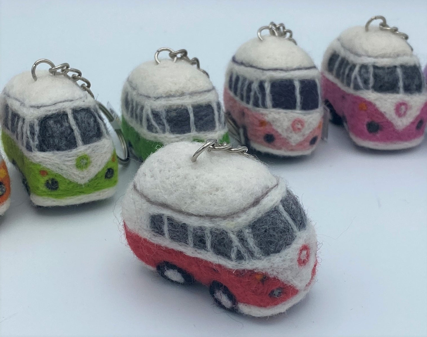 Miniature VW style camper van on key ring chain, needle felted model, various colours