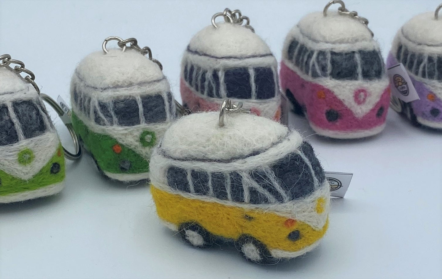 Miniature VW style camper van on key ring chain, needle felted model, various colours