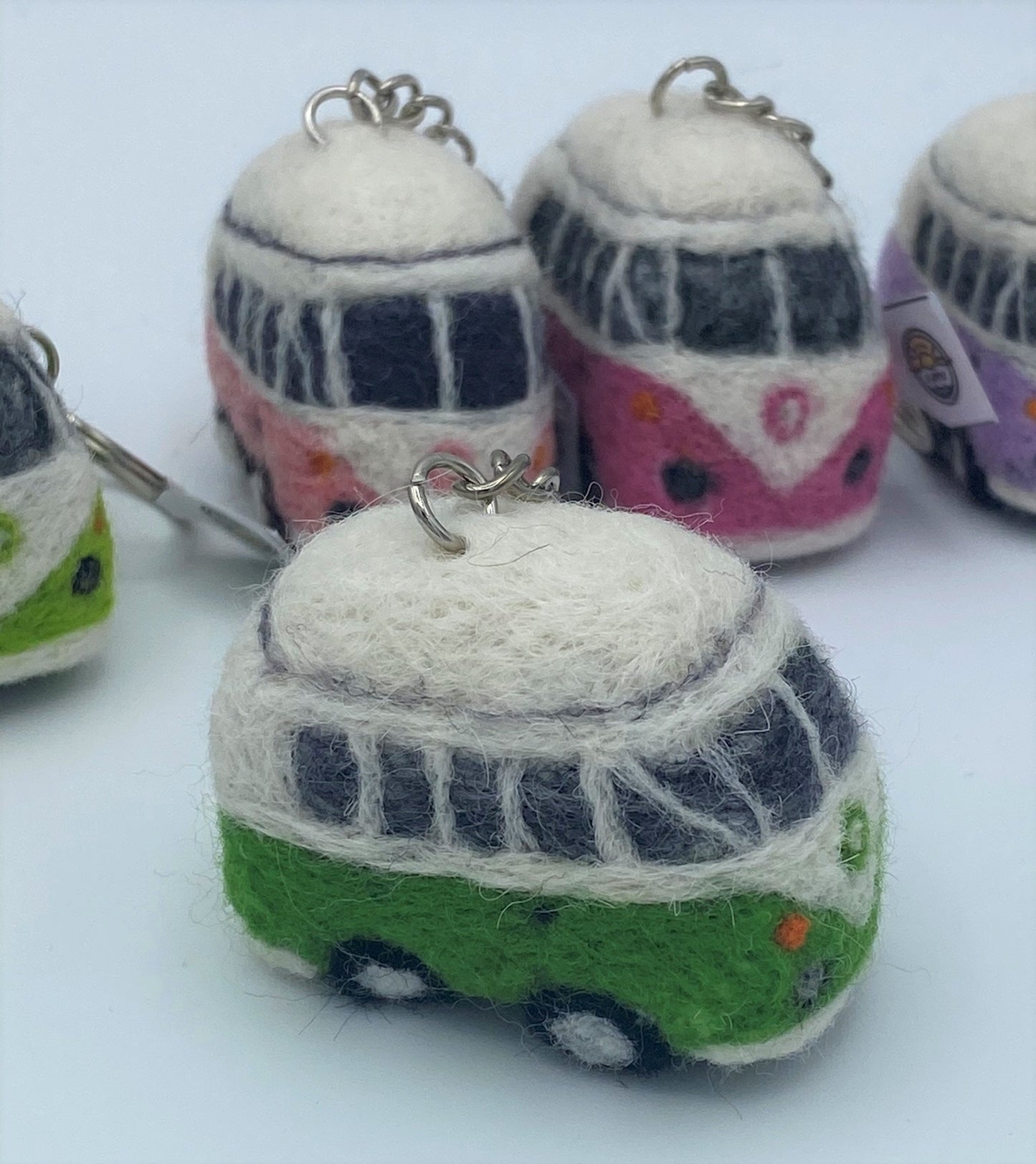 Miniature VW style camper van on key ring chain, needle felted model, various colours