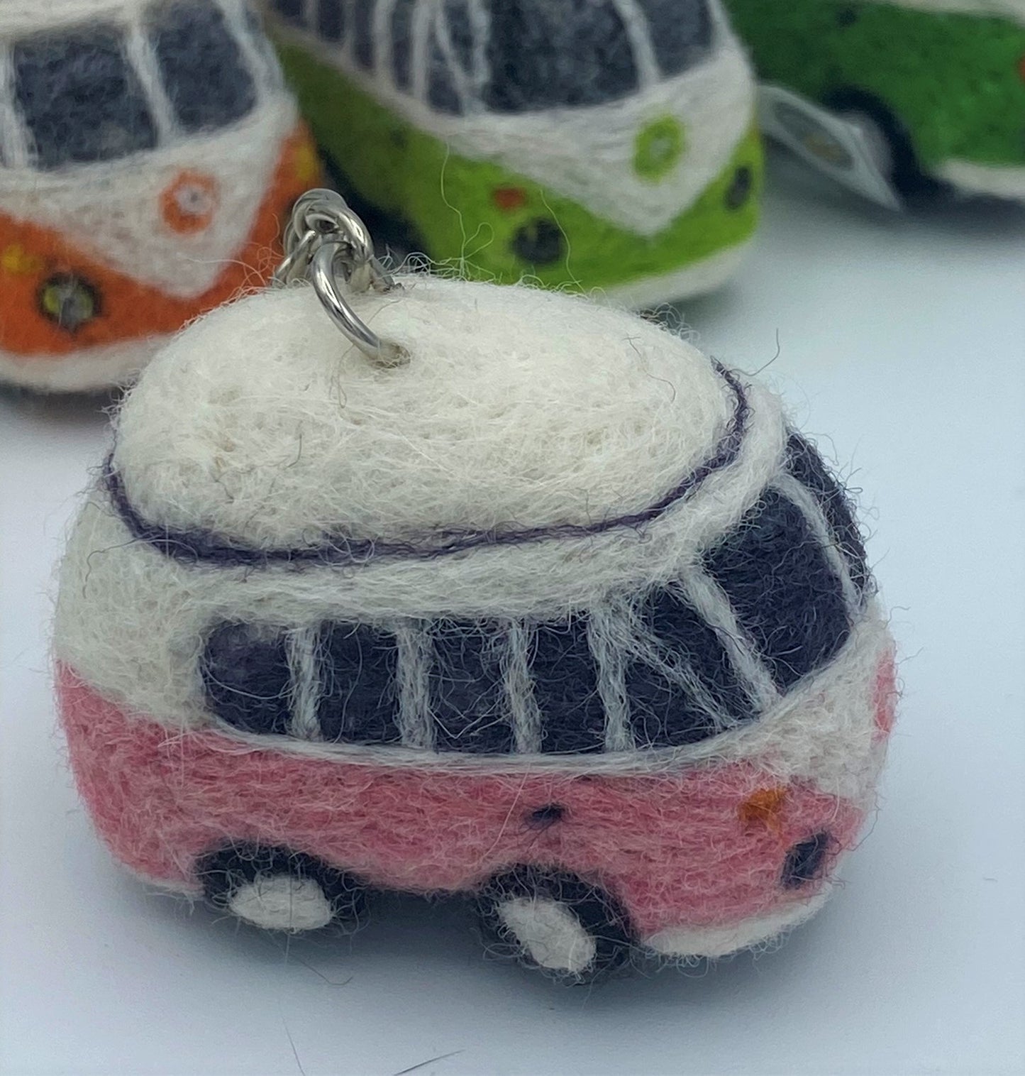 Miniature VW style camper van on key ring chain, needle felted model, various colours