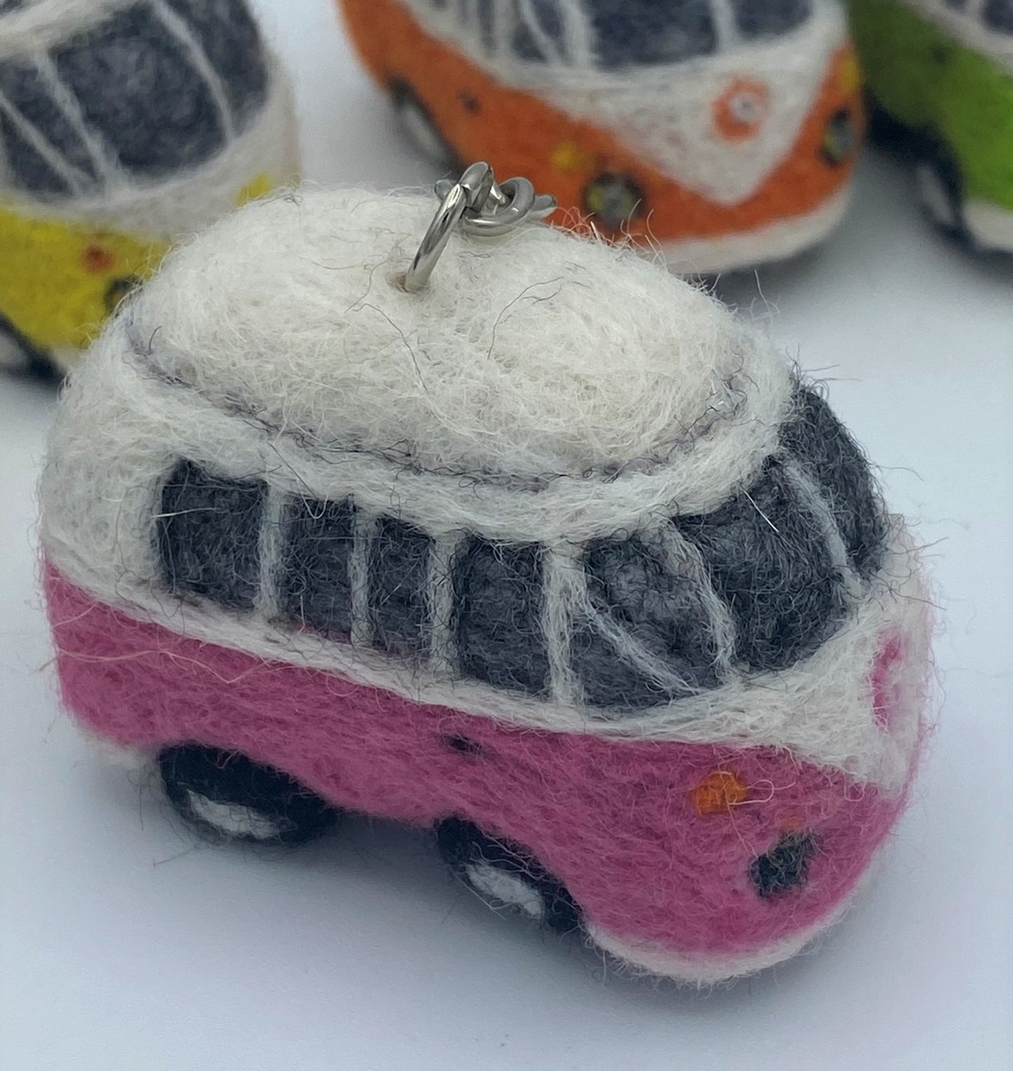 Miniature VW style camper van on key ring chain, needle felted model, various colours