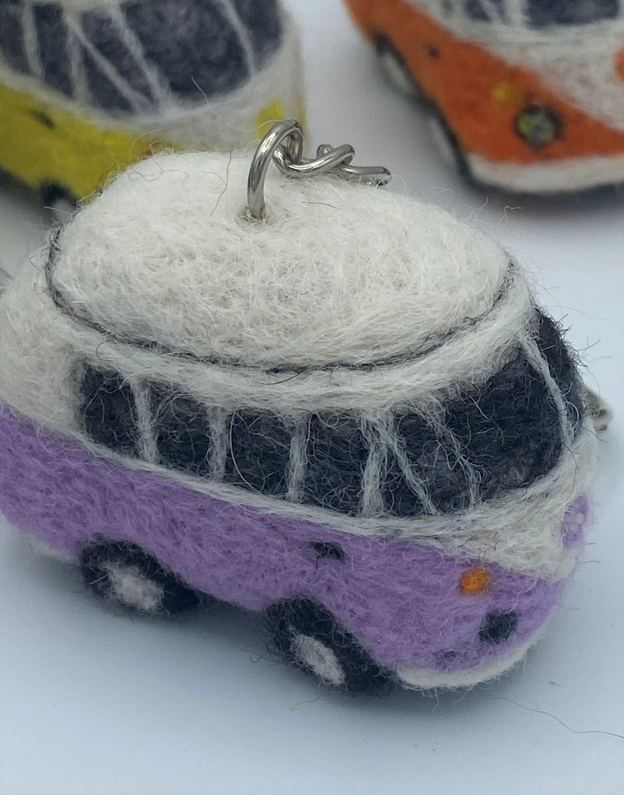 Miniature VW style camper van on key ring chain, needle felted model, various colours