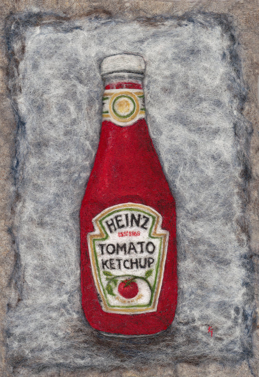 giclee print of a needle felted picture of a Heinz Tomato Ketchup bottle n a neutral grey background