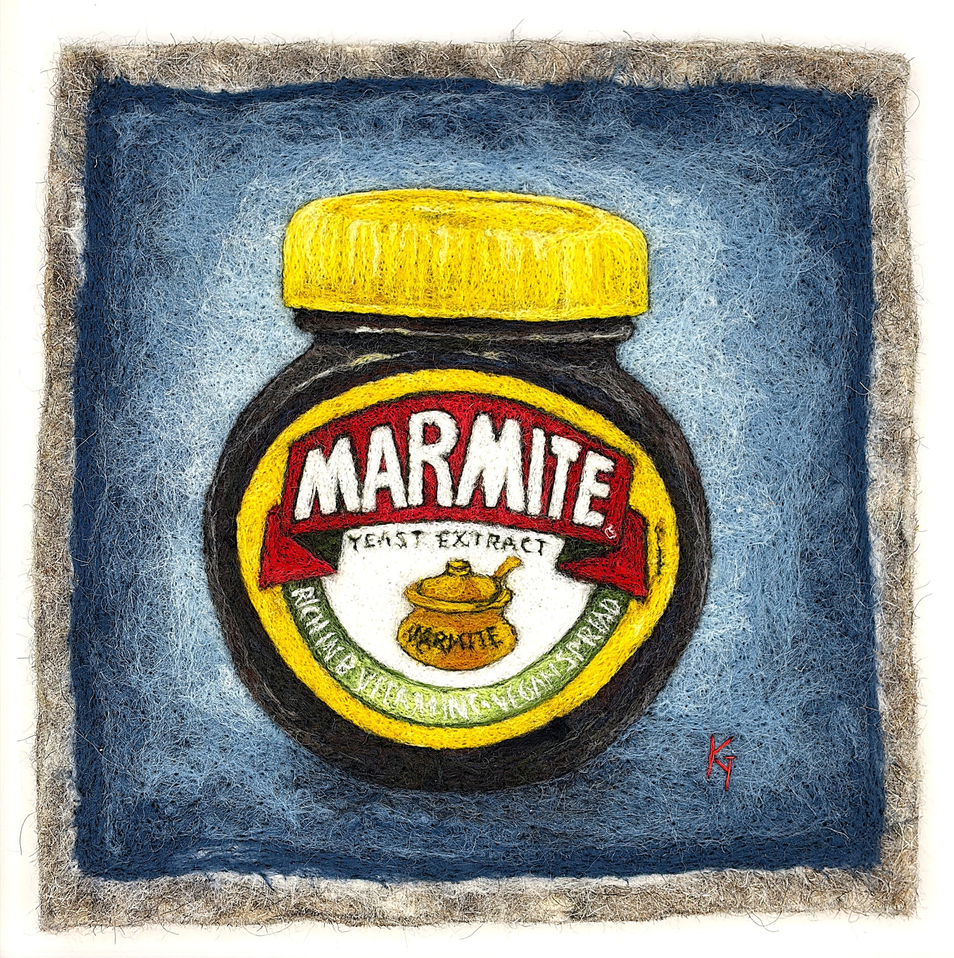 Needle felted framed picture of a pot of Marmite on a blue background