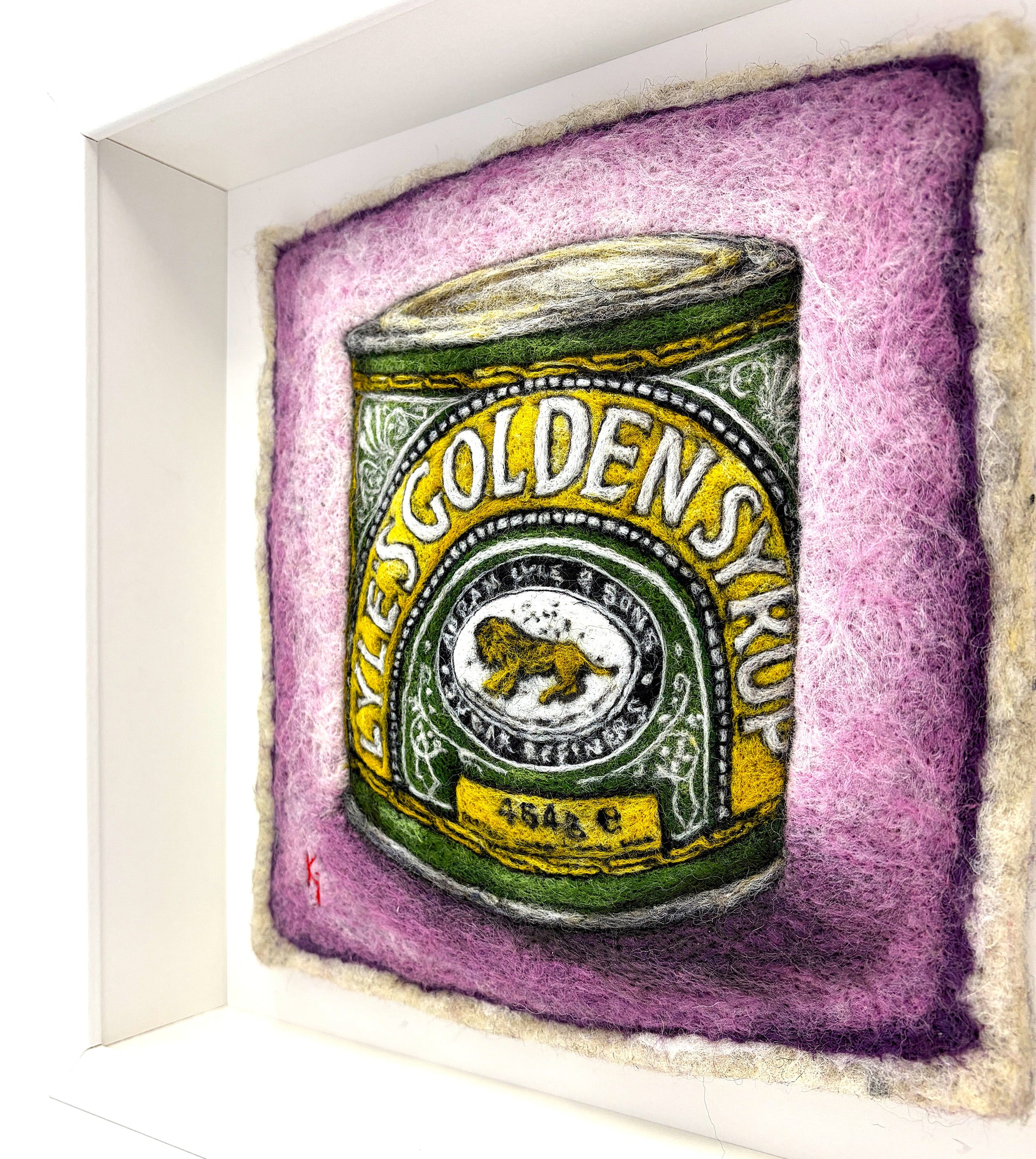 Needle felted framed picture of a tin of Golden Syrup