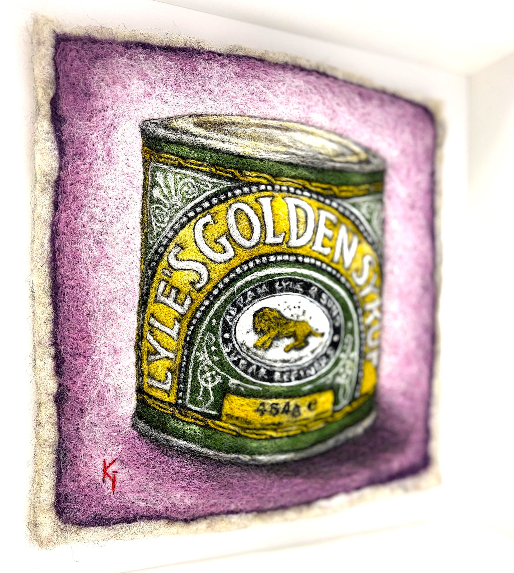 Needle felted framed picture of a tin of Golden Syrup