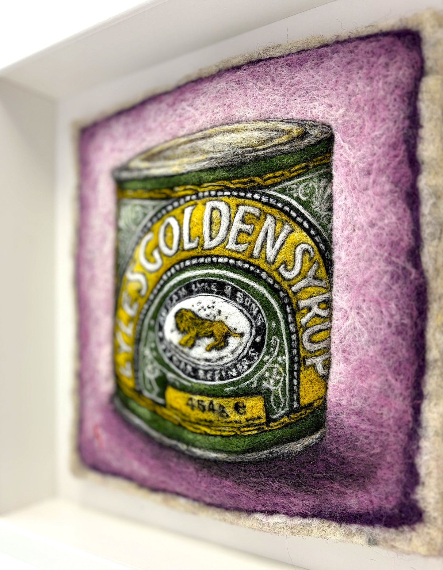 Needle felted framed picture of a tin of Golden Syrup