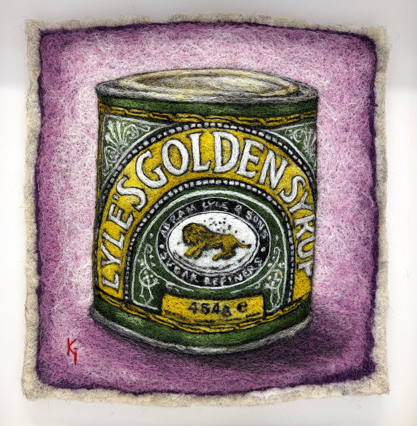 Needle felted framed picture of a tin of Golden Syrup