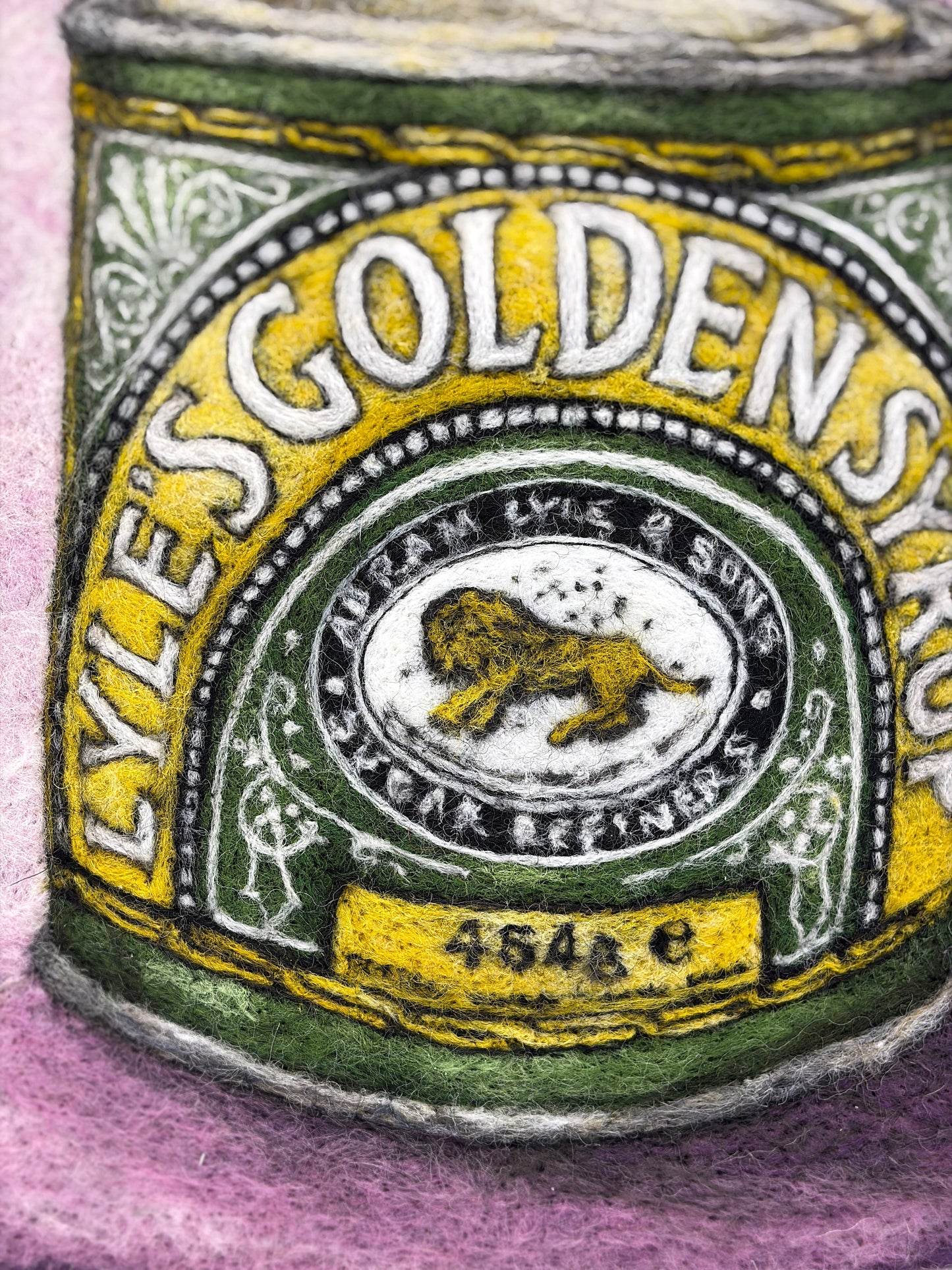 Needle felted framed picture of a tin of Golden Syrup