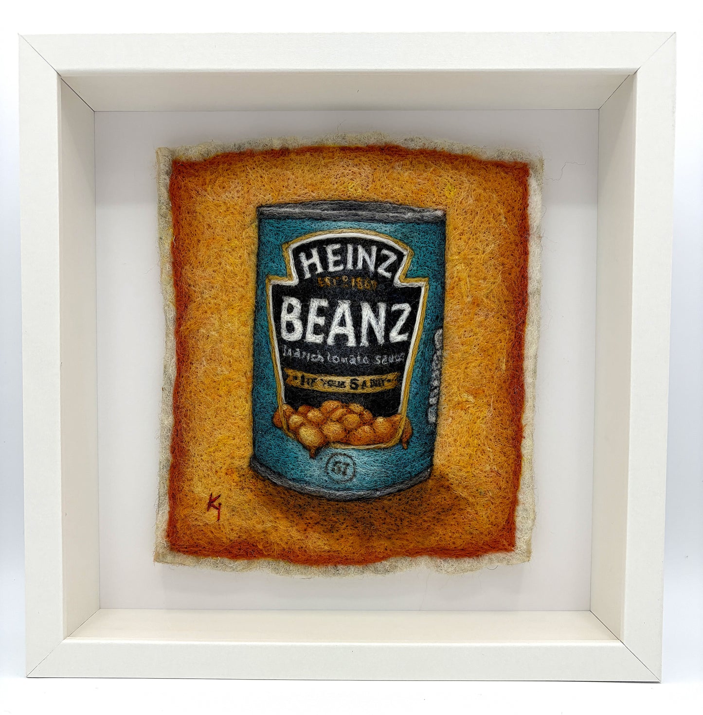 Needle felted framed picture of a tin of Heinz Baked Beans