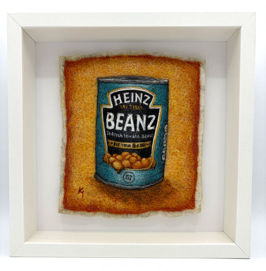 Needle felted framed picture of a tin of Heinz Baked Beans