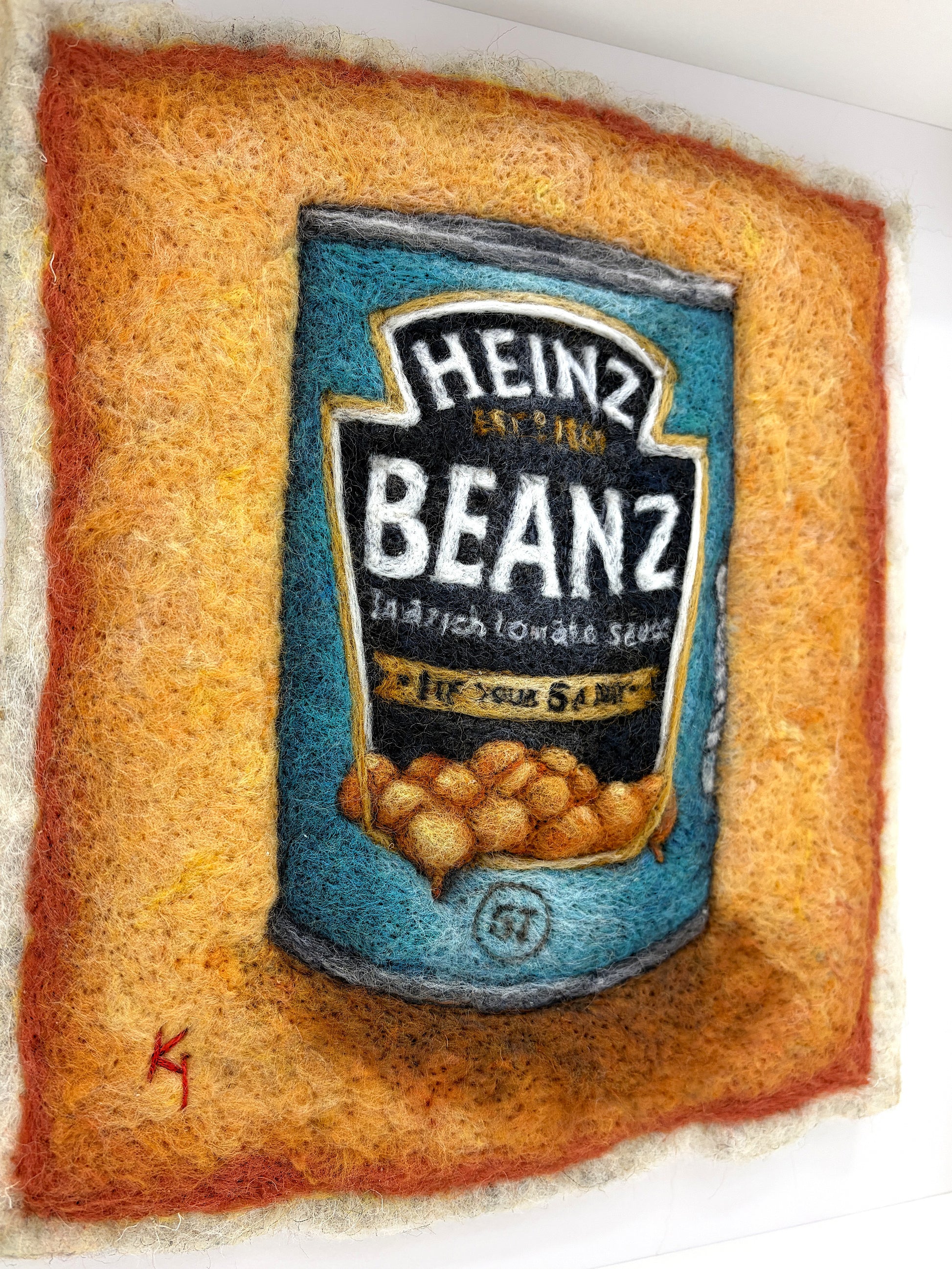 Needle felted framed picture of a tin of Heinz Baked Beans