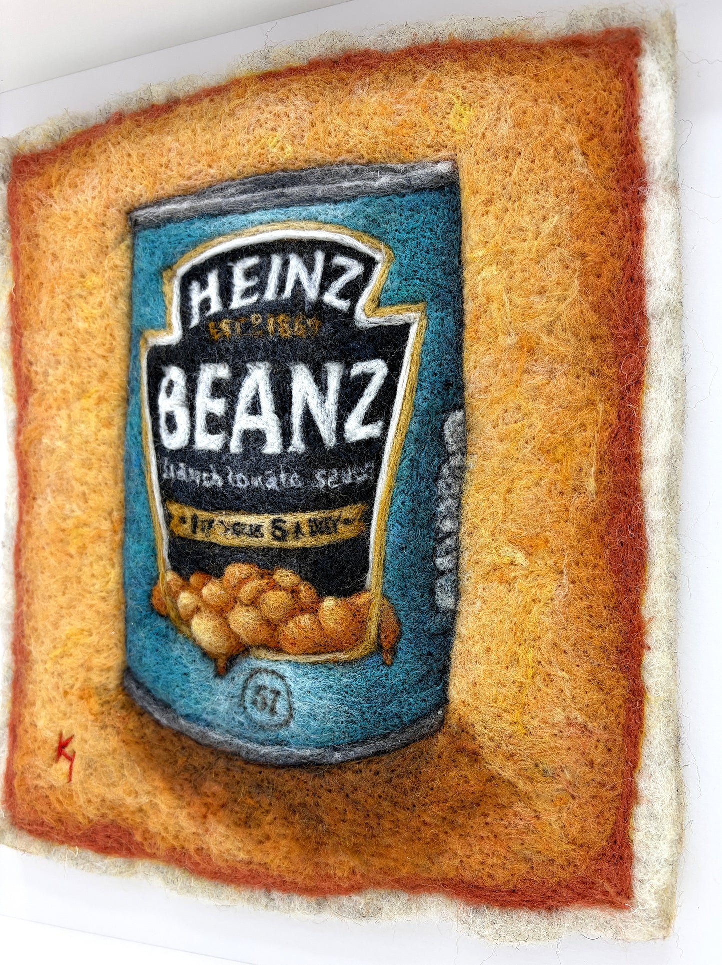 Needle felted framed picture of a tin of Heinz Baked Beans