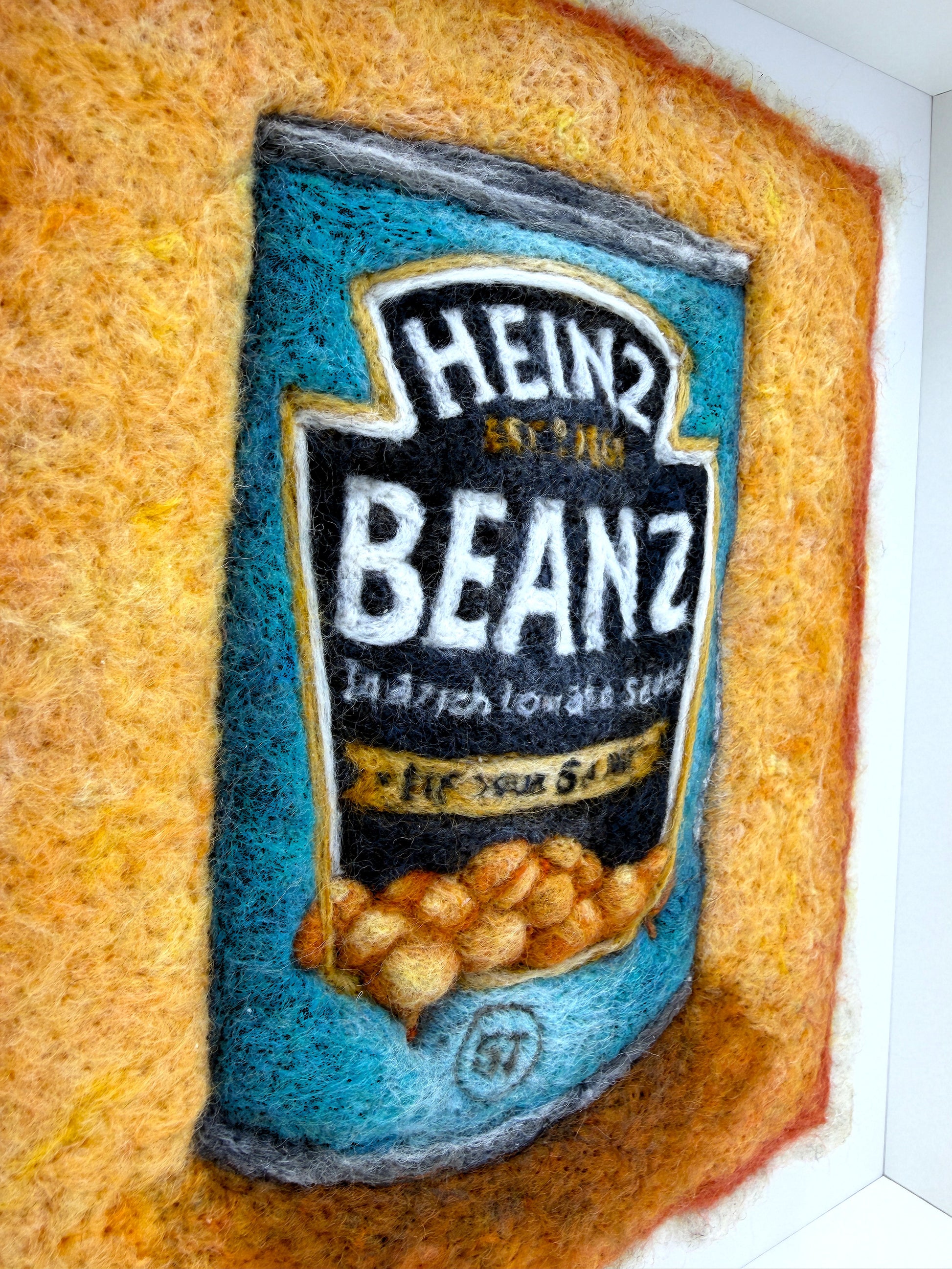Needle felted framed picture of a tin of Heinz Baked Beans