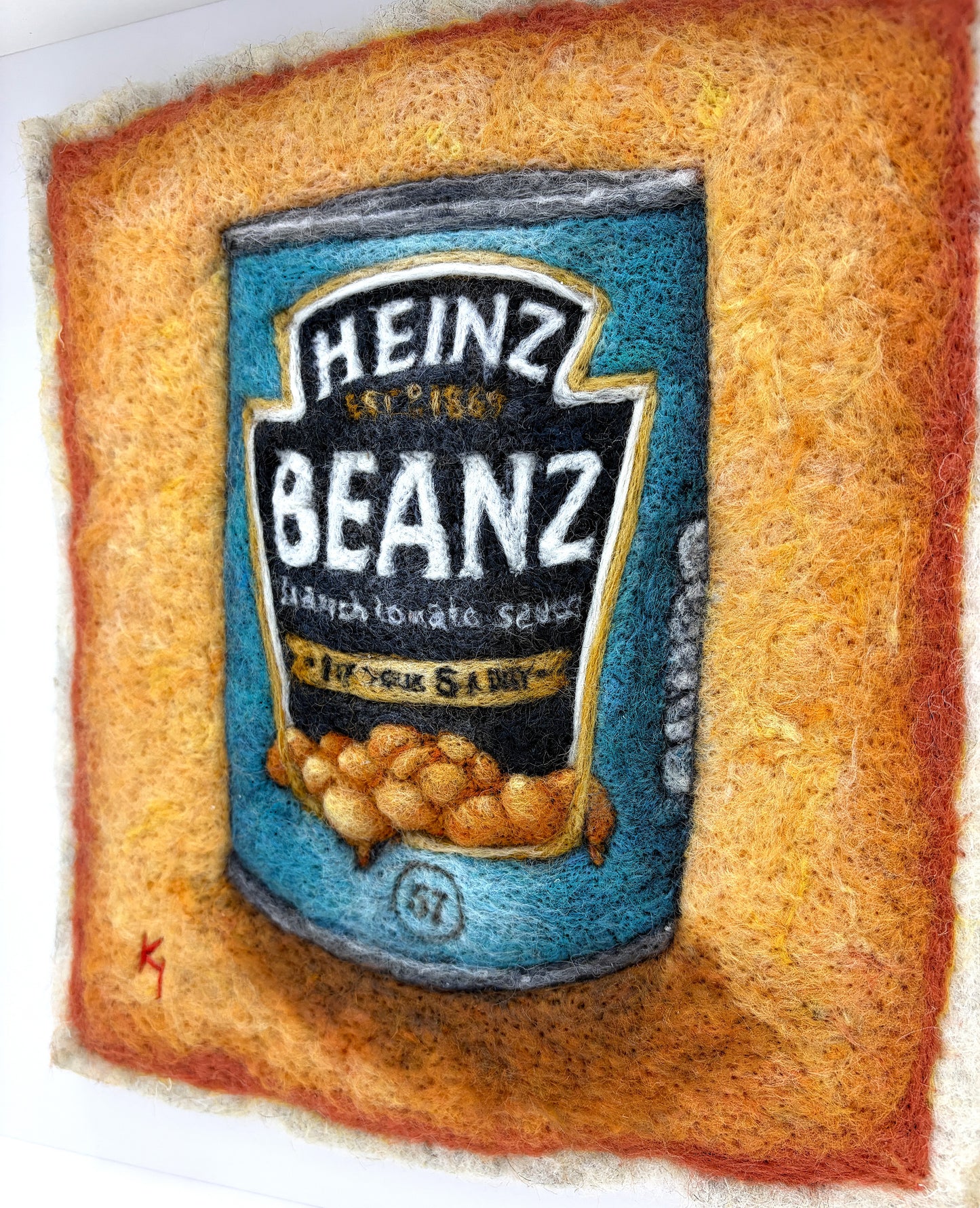 Needle felted framed picture of a tin of Heinz Baked Beans