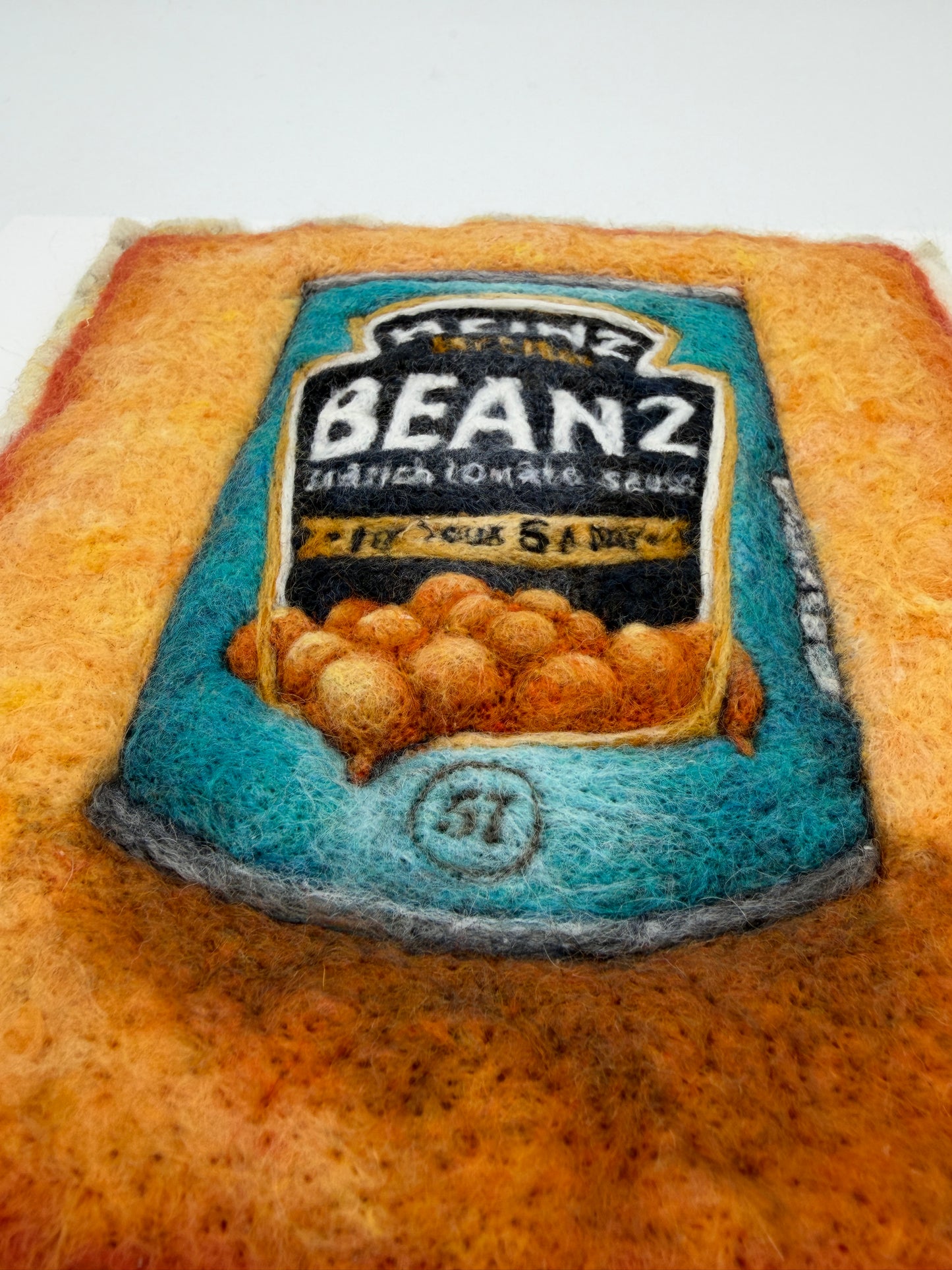 Needle felted framed picture of a tin of Heinz Baked Beans
