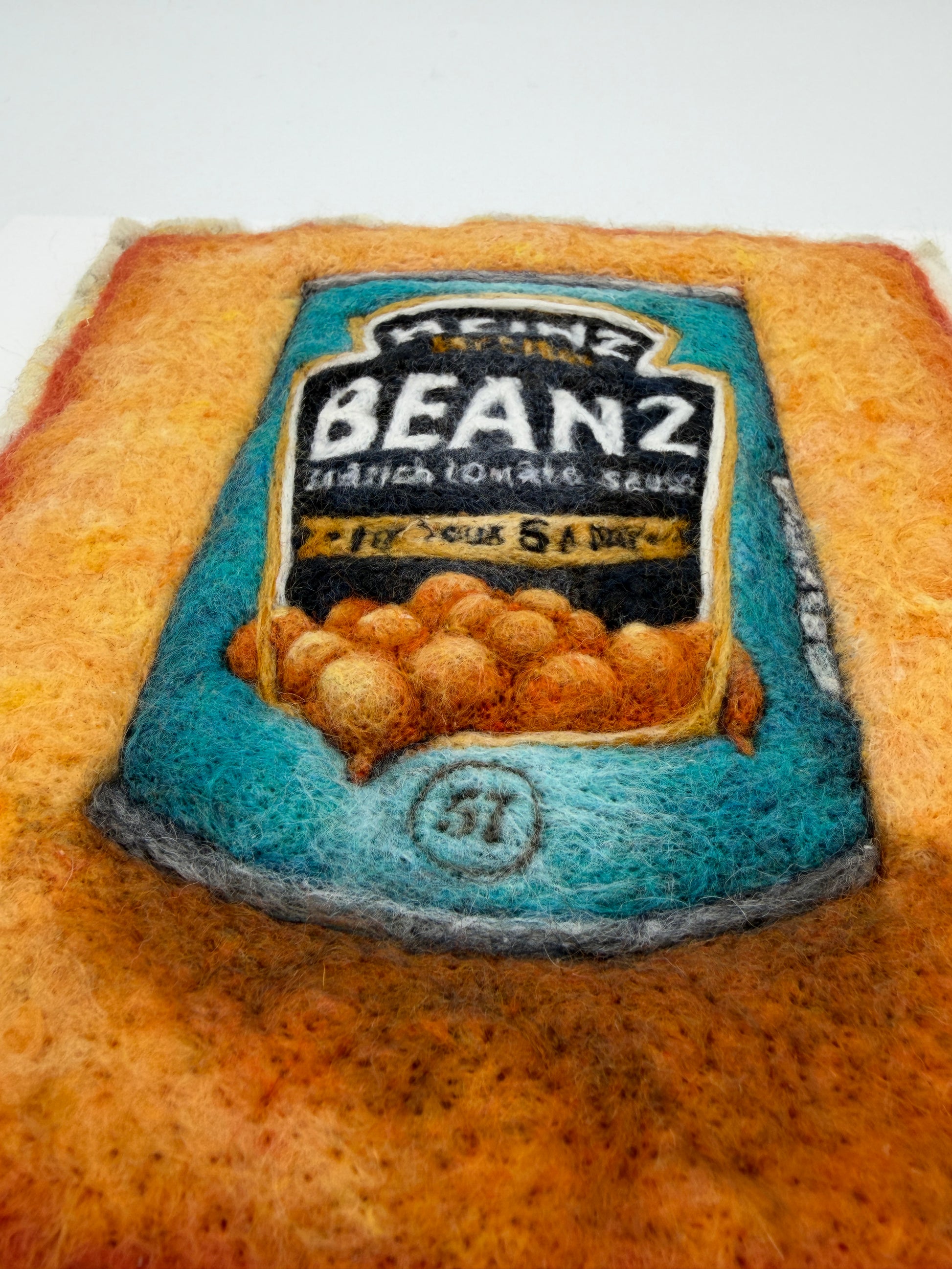 Needle felted framed picture of a tin of Heinz Baked Beans