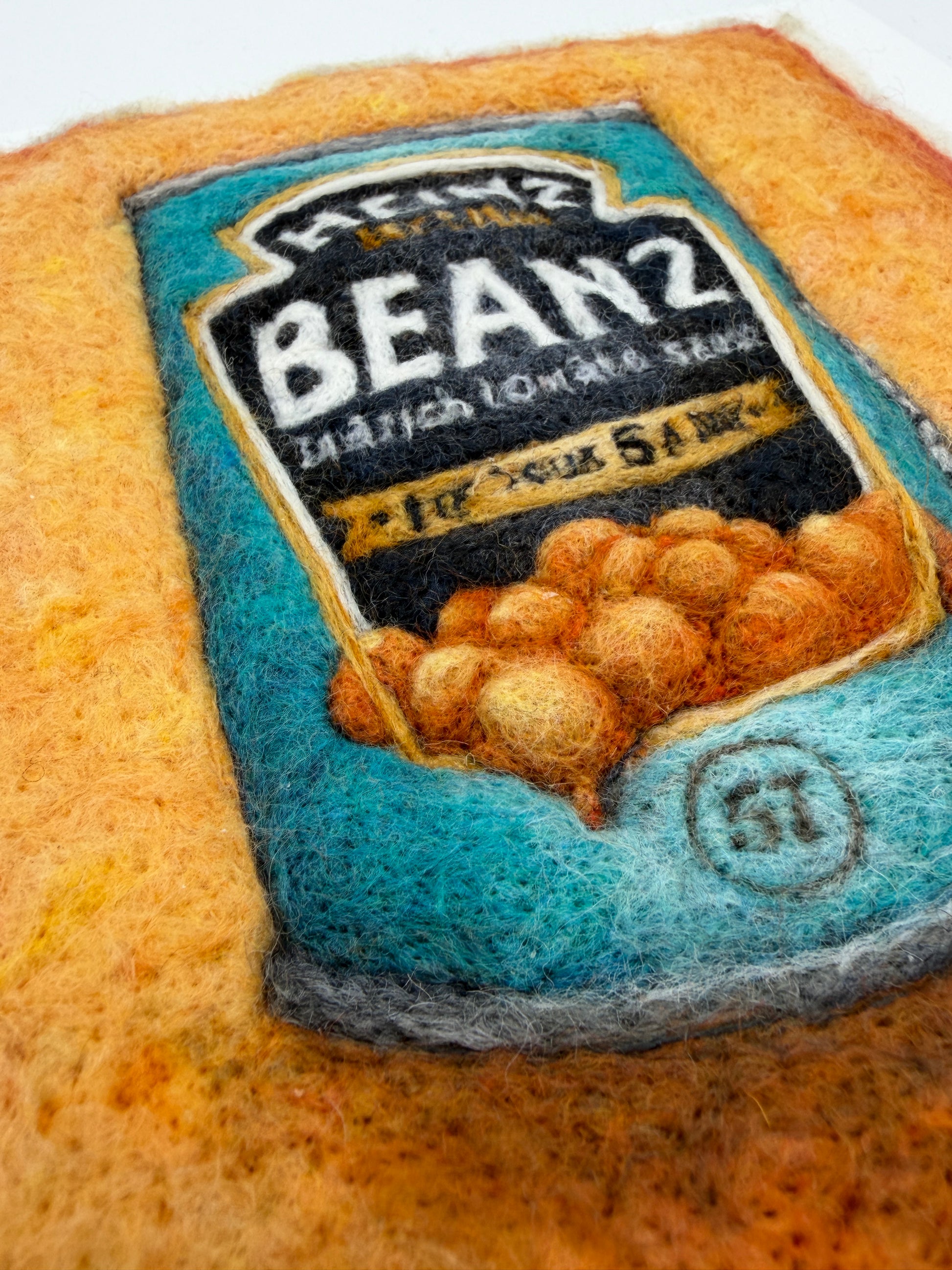 Needle felted framed picture of a tin of Heinz Baked Beans
