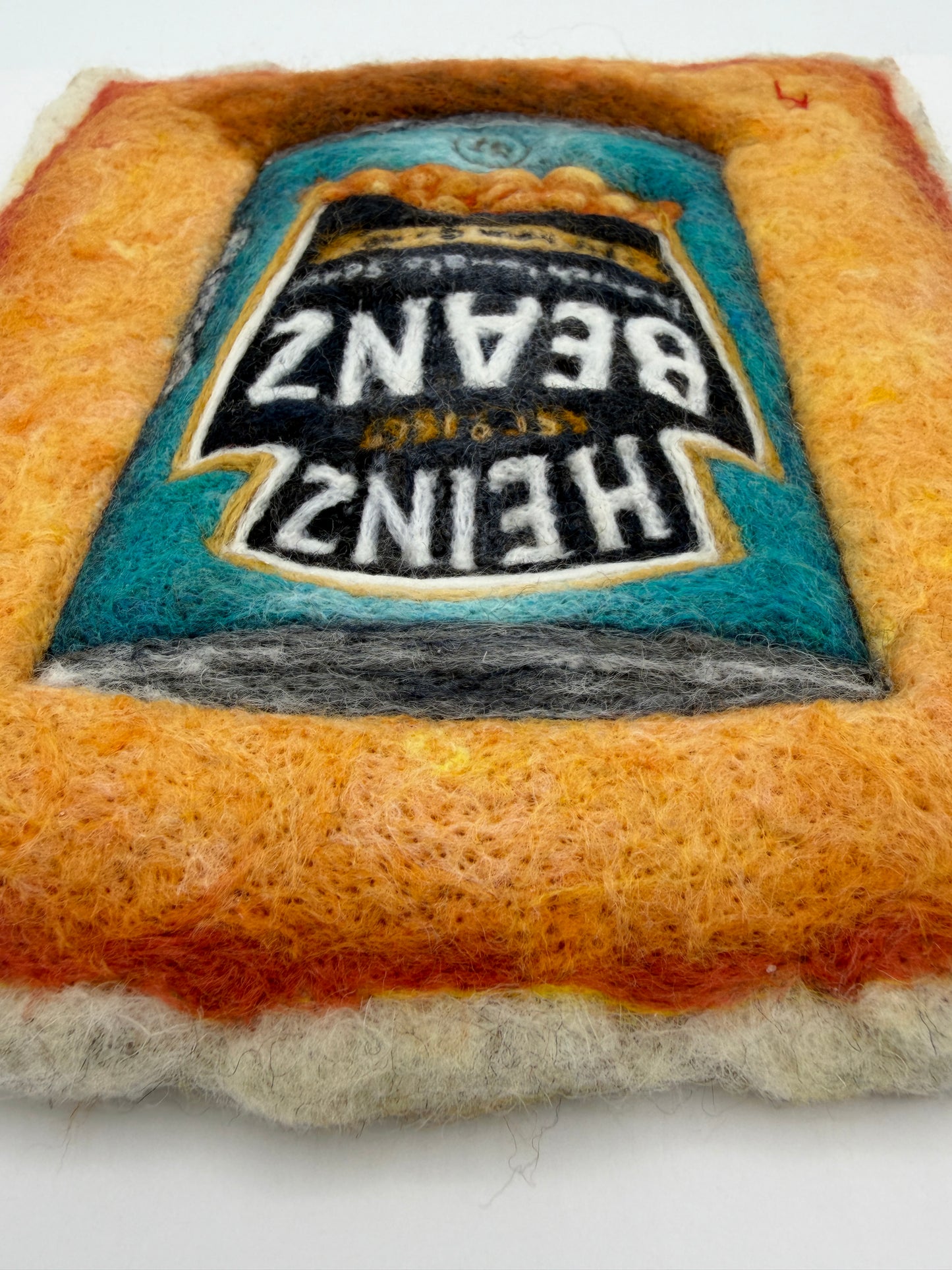 Needle felted framed picture of a tin of Heinz Baked Beans