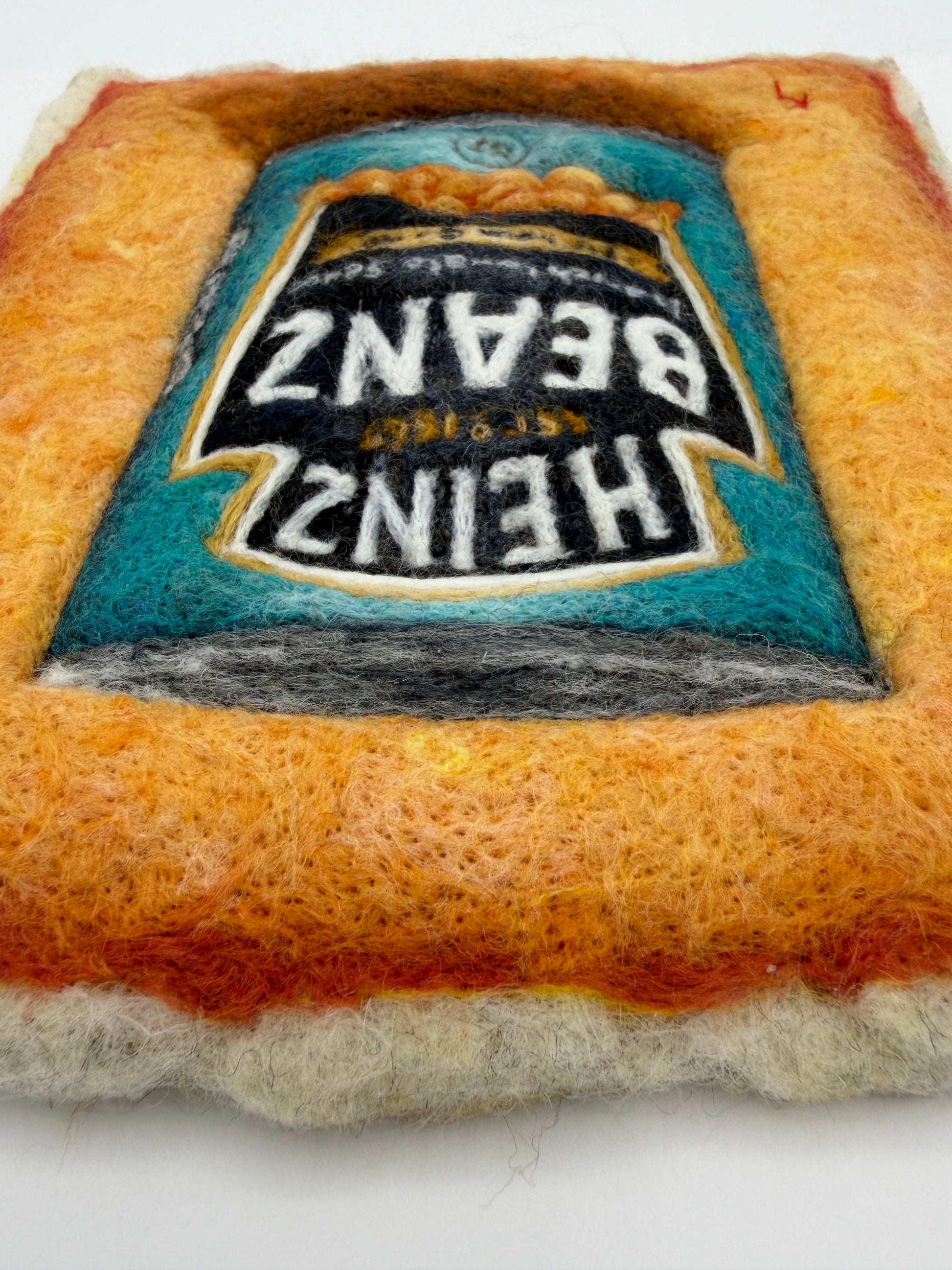 Needle felted framed picture of a tin of Heinz Baked Beans