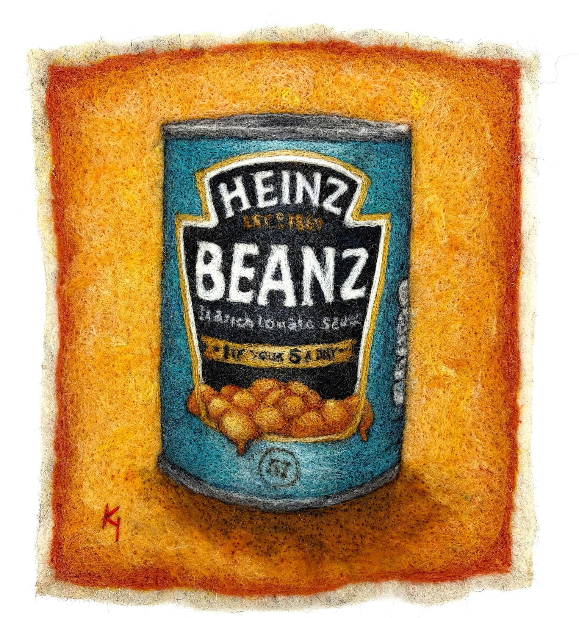Needle felted framed picture of a tin of Heinz Baked Beans