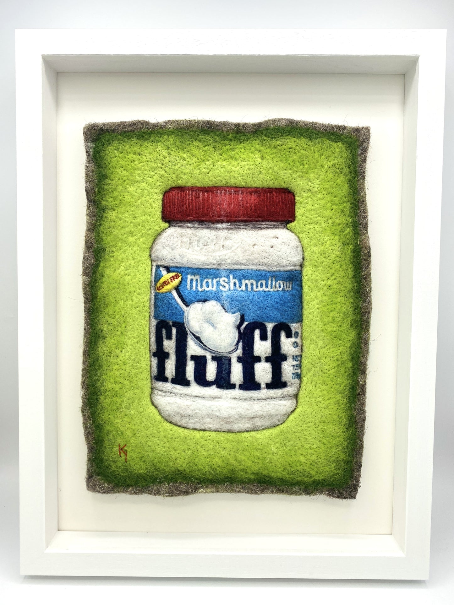 a needle felted picture of a jar of Fluff marshmallow spread, on a bright green background