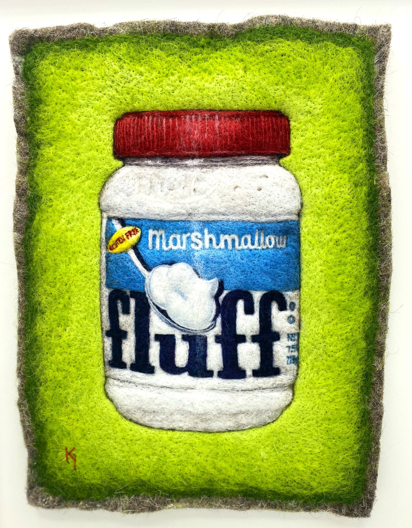 a needle felted picture of a jar of Fluff marshmallow spread, on a bright green background