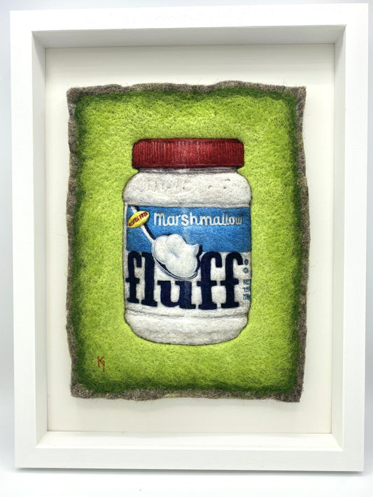 a needle felted picture of a jar of Fluff marshmallow spread, on a bright green background