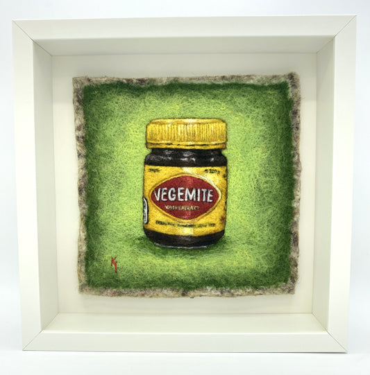 needle felted framed picture of a pot of Vegemite on a green background