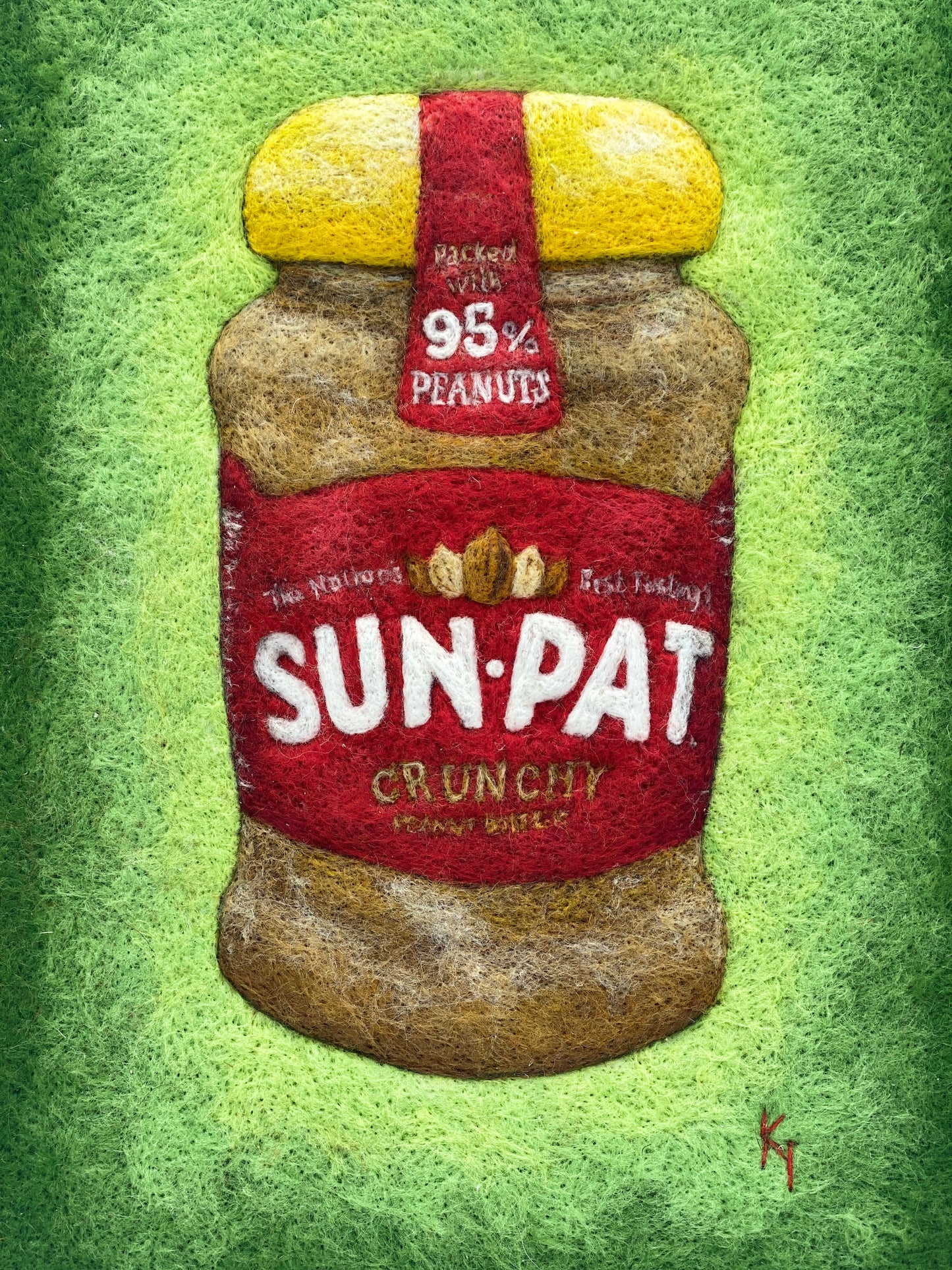 giclee print of a needlefelted image of a jar of Sun-Pat peanut butter on a green background