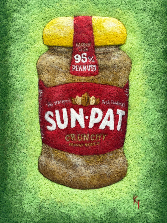 giclee print of a needlefelted image of a jar of Sun-Pat peanut butter on a green background