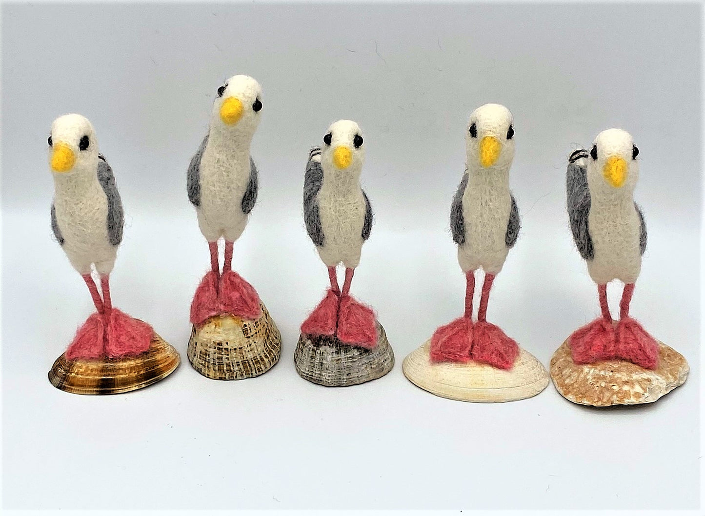 group of five needle felted seagulls standing on sea shells, white, black, grey wings, pink legs and feet