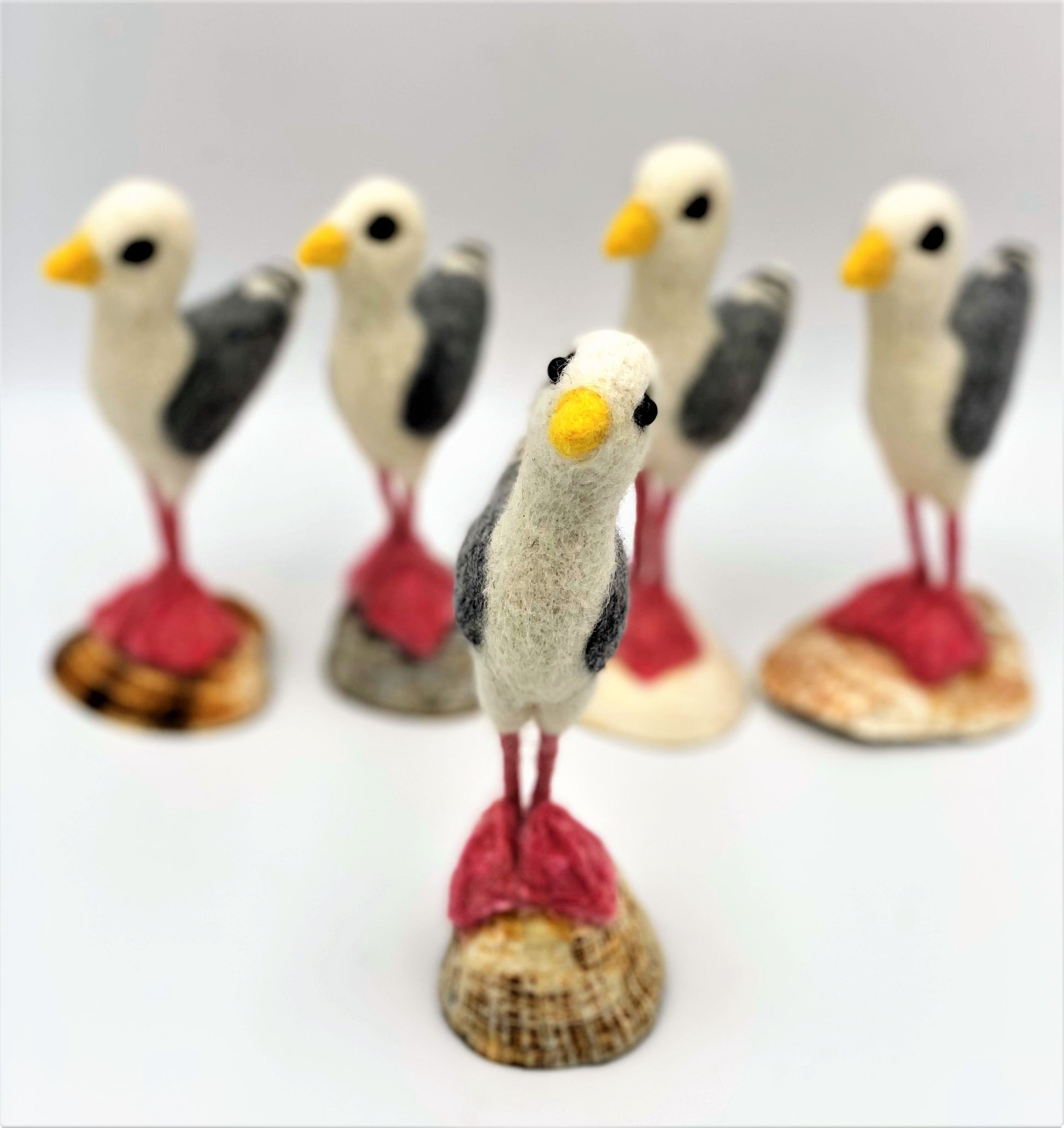 group of five needle felted seagulls standing on sea shells, white, black, grey wings, pink legs and feet