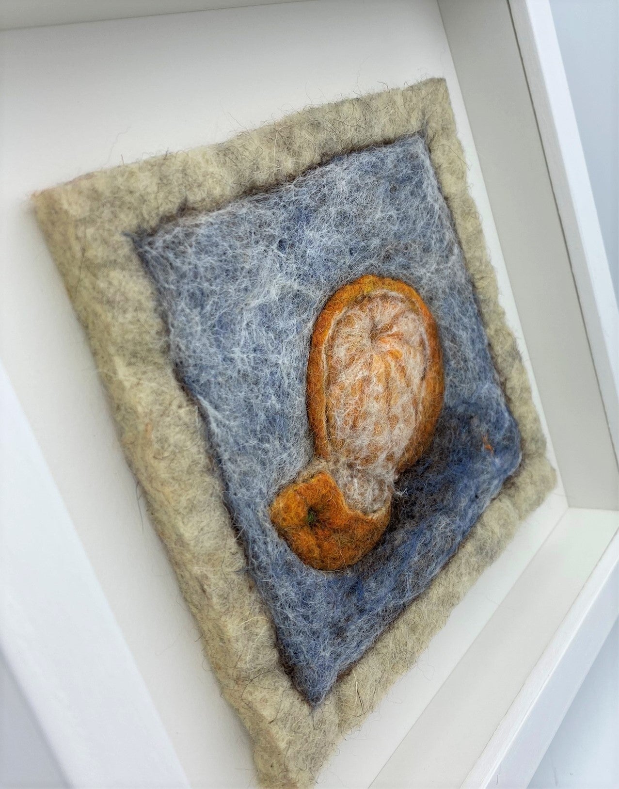 Satsuma, needle felted still life fibre painting Studio Rumu