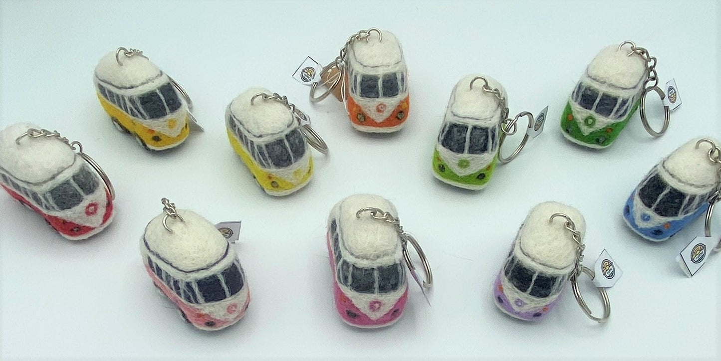 Miniature VW style camper van on key ring chain, needle felted model, various colours