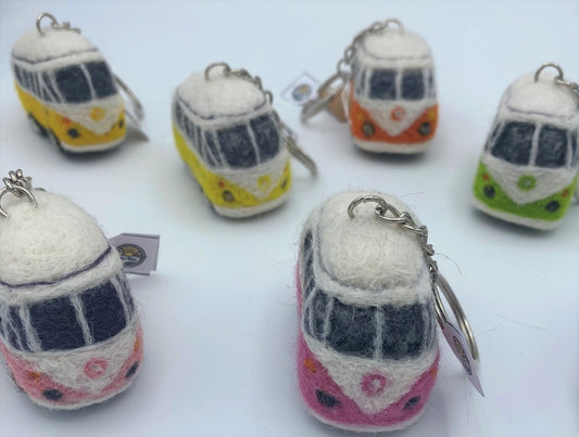 Miniature VW style camper van on key ring chain, needle felted model, various colours