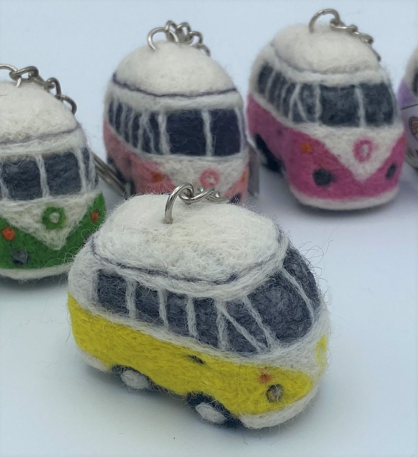 Miniature VW style camper van on key ring chain, needle felted model, various colours