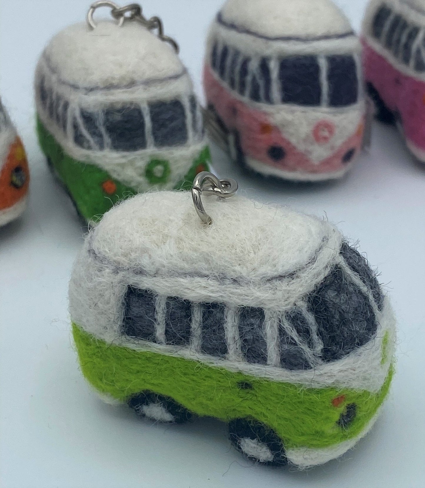 Miniature VW style camper van on key ring chain, needle felted model, various colours