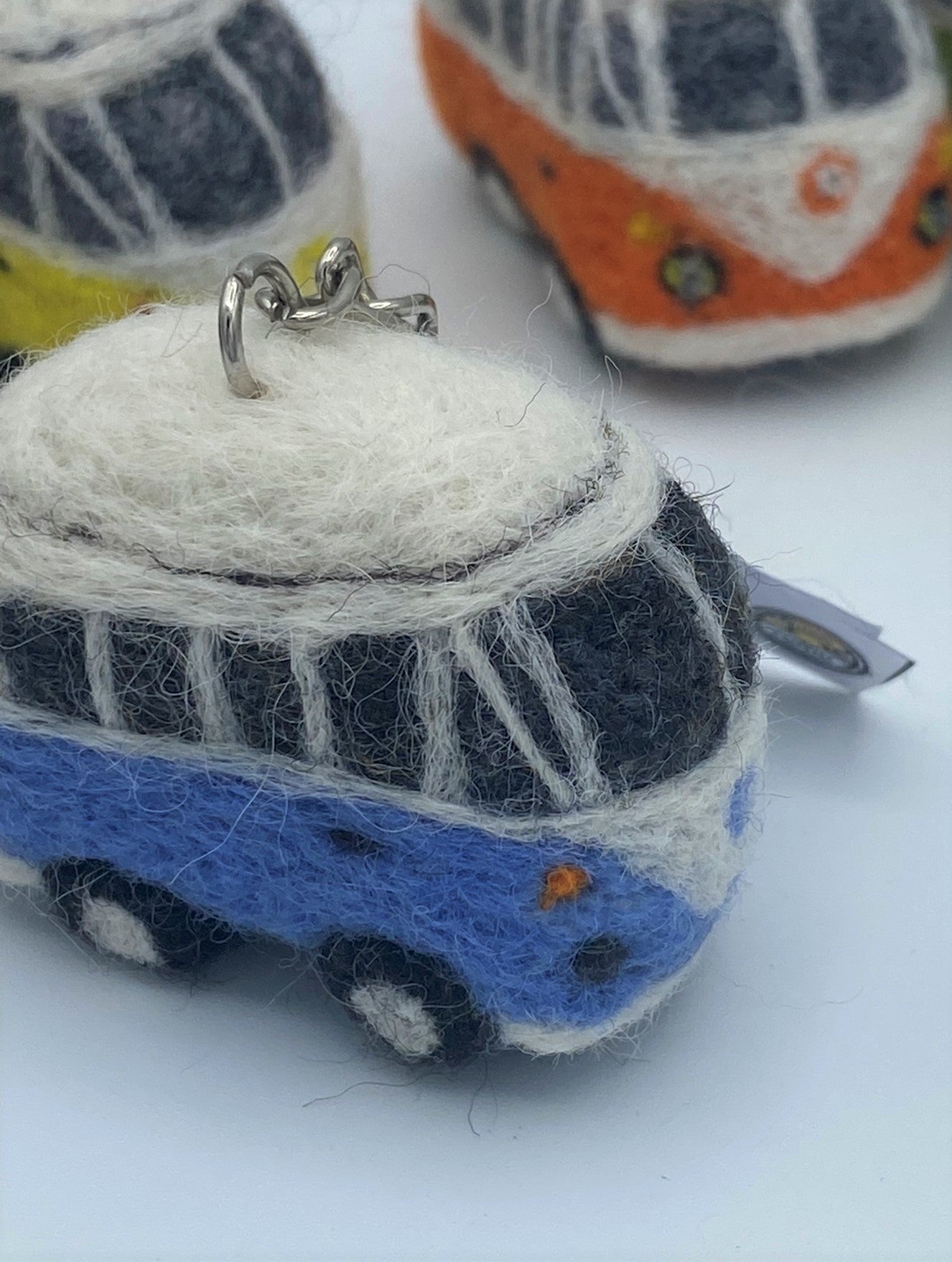 Miniature VW style camper van on key ring chain, needle felted model, various colours